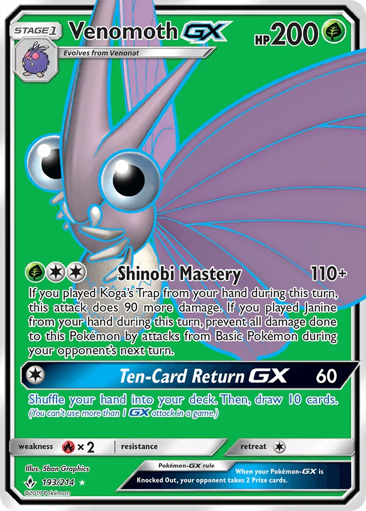 193, Fire[×2], Grass, Holofoil, Sun & Moon: Unbroken Bonds, Ultra Rare Venomoth GX (193/214) [Sun & Moon: Unbroken Bonds] - Trading Card World