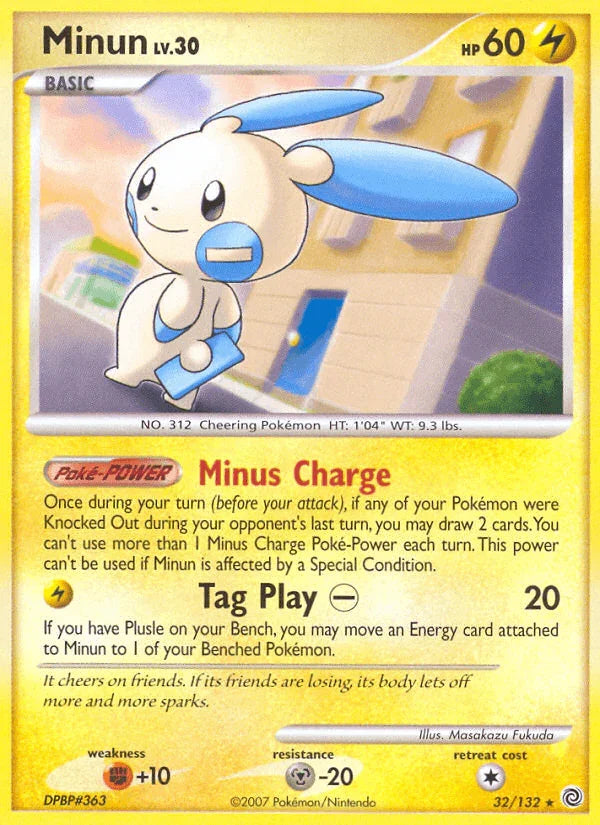 32, Diamond & Pearl: Secret Wonders, Fighting[+10], Lightning, Metal[-20], Normal, Rare, Reverse Holofoil Minun (32/132) [Diamond & Pearl: Secret Wonders] - Trading Card World
