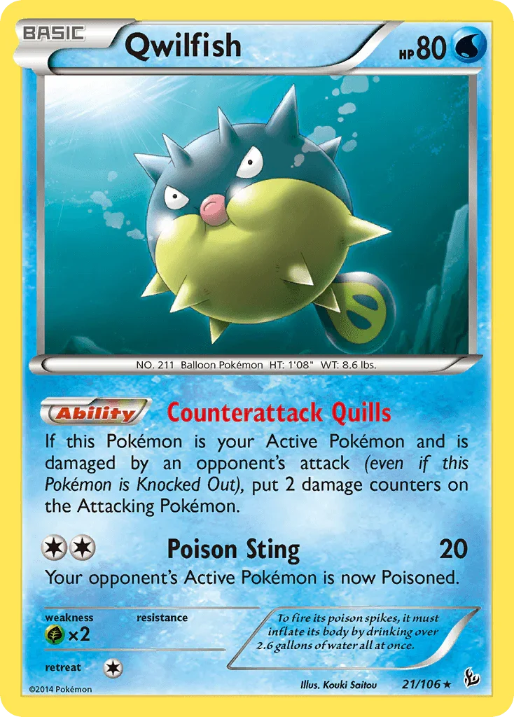 21, Grass[×2], Normal, Rare, Reverse Holofoil, Water, XY: Flashfire Qwilfish (21/106) [XY: Flashfire] - Trading Card World
