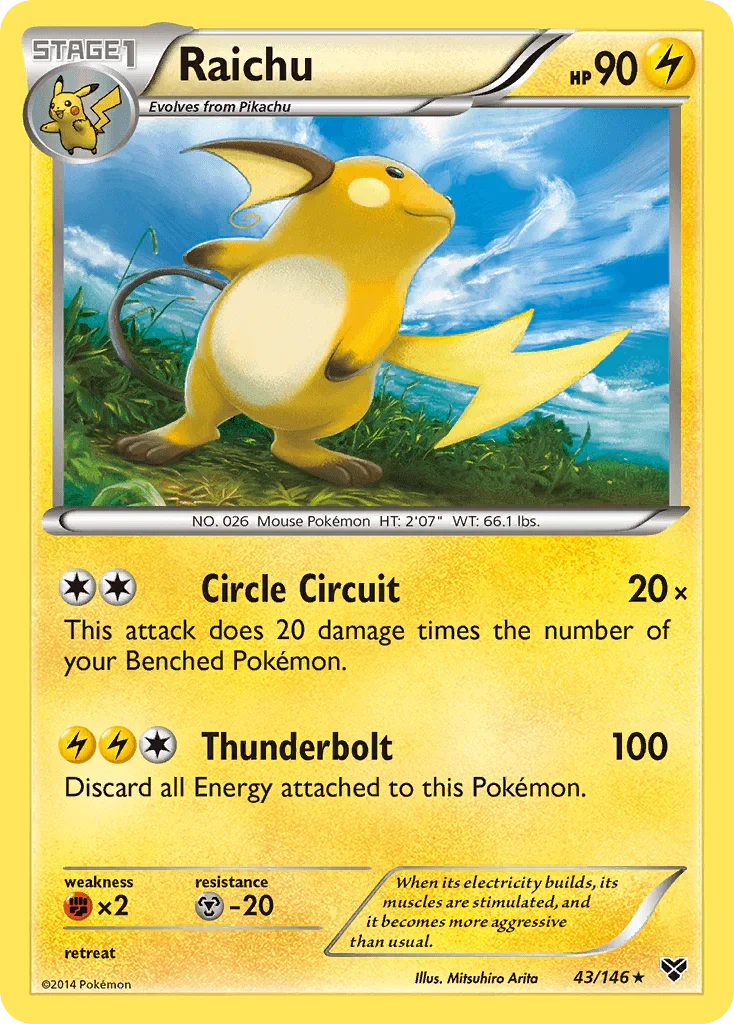 43, Fighting[×2], Holo Rare, Holofoil, Lightning, Metal[-20], Reverse Holofoil, XY: Base Set Raichu (43/146) [XY: Base Set] - Trading Card World