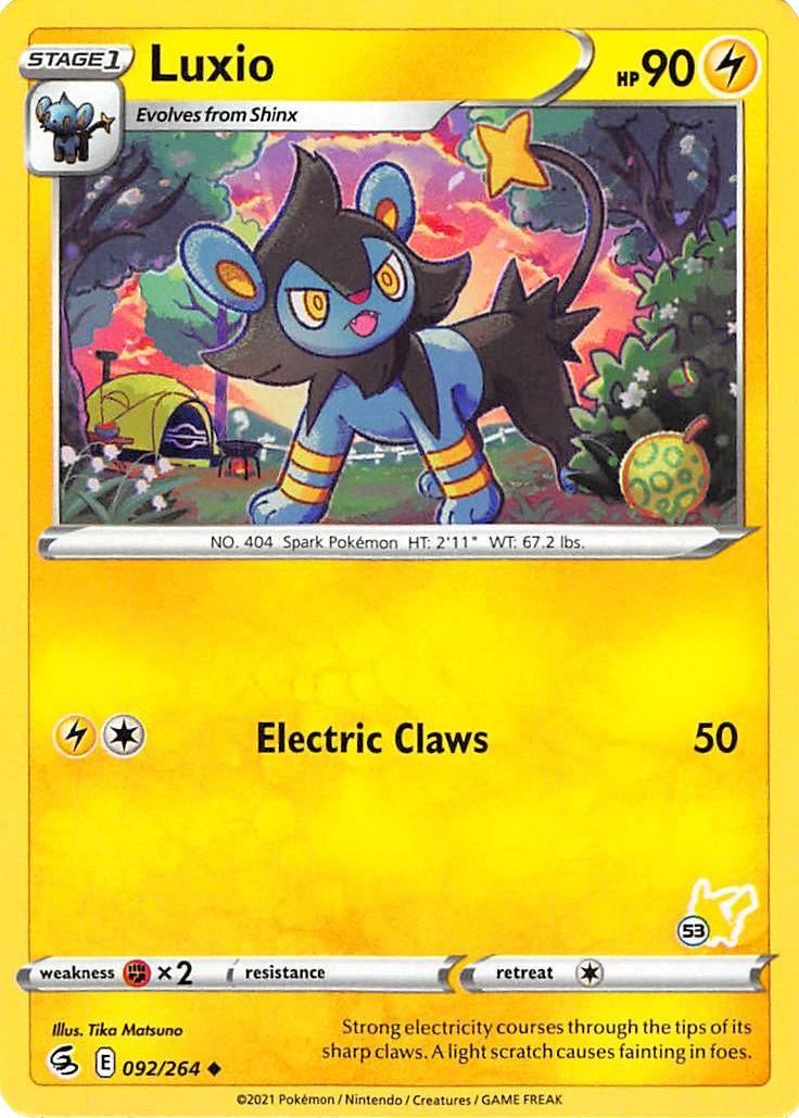 092, Battle Academy 2022, Fighting [x2], Lightning, Normal, Uncommon Luxio (092/264) (Pikachu Stamp #53) [Battle Academy 2022] - Trading Card World