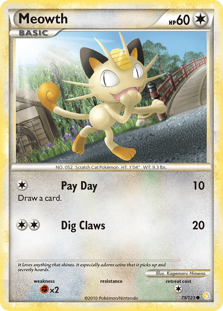 75, Colorless, Common, Fighting[×2], HeartGold & SoulSilver: Base Set, Normal, Reverse Holofoil Meowth (75/123) [HeartGold & SoulSilver: Base Set] - Trading Card World