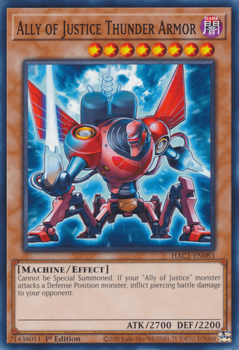 1st Edition, Common, Dark, Effect Monster, Hidden Arsenal: Chapter 1, Machine Ally of Justice Thunder Armor [HAC1-EN083] Common - Trading Card World