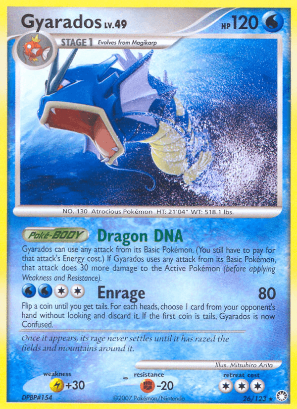 26, Diamond & Pearl: Mysterious Treasures, Fighting[-20], Lightning[+30], Normal, Rare, Reverse Holofoil, Water Gyarados (26/123) [Diamond & Pearl: Mysterious Treasures] - Trading Card World