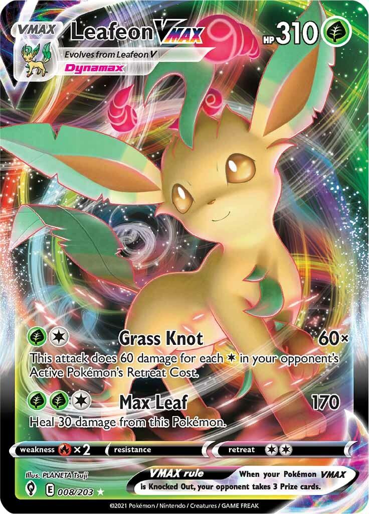 008, Fire [x2], Grass, Holofoil, Sword & Shield: Evolving Skies, Ultra Rare Leafeon VMAX (008/203) [Sword & Shield: Evolving Skies] - Trading Card World