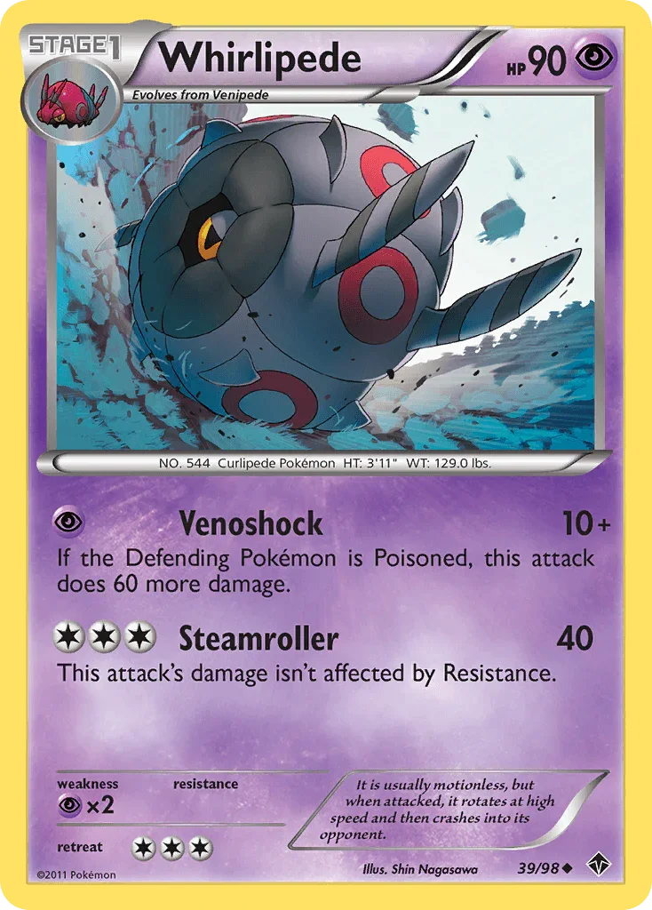 39, Black & White: Emerging Powers, Normal, Psychic, Psychic[×2], Reverse Holofoil, Uncommon Whirlipede (39/98) [Black & White: Emerging Powers] - Trading Card World