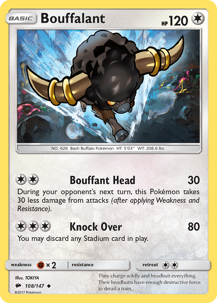 108, Colorless, Fighting[×2], Normal, Reverse Holofoil, Sun & Moon: Burning Shadows, Uncommon Bouffalant (108/147) [Sun & Moon: Burning Shadows] - Trading Card World