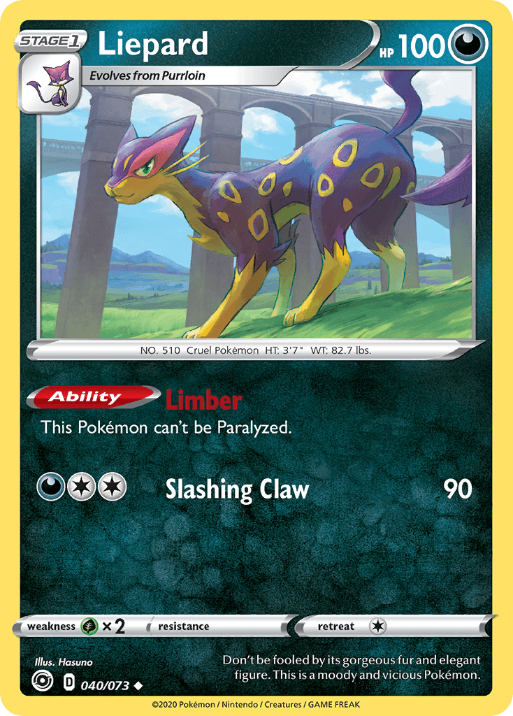 040, Darkness, Grass[×2], Normal, Reverse Holofoil, Sword & Shield: Champion's Path, Uncommon Liepard (040/073) [Sword & Shield: Champion's Path] - Trading Card World