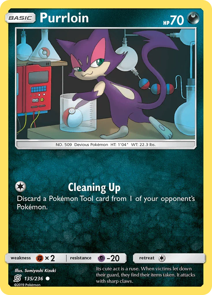 135, Common, Darkness, Fighting[×2], Normal, Psychic[-20], Reverse Holofoil, Sun & Moon: Unified Minds Purrloin (135/236) [Sun & Moon: Unified Minds] - Trading Card World