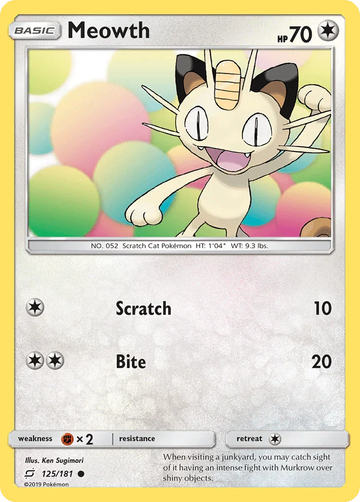 125, Colorless, Common, Fighting[×2], Normal, Reverse Holofoil, Sun & Moon: Team Up Meowth (125/181) [Sun & Moon: Team Up] - Trading Card World