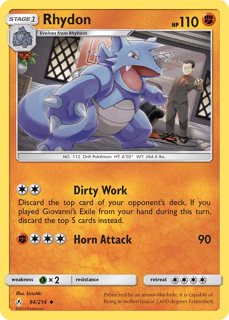 94, Fighting, Grass[×2], Normal, Reverse Holofoil, Sun & Moon: Unbroken Bonds, Uncommon Rhydon (94/214) [Sun & Moon: Unbroken Bonds] - Trading Card World