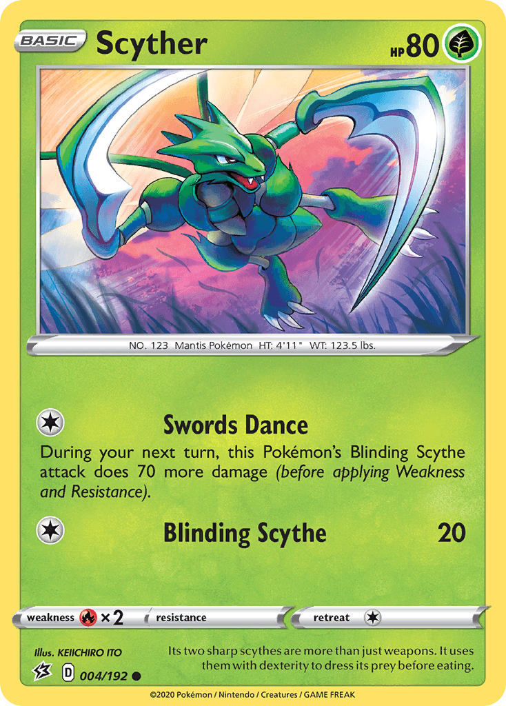 004, Common, Fire[×2], Grass, Normal, Reverse Holofoil, Sword & Shield: Rebel Clash Scyther (004/192) [Sword & Shield: Rebel Clash] - Trading Card World