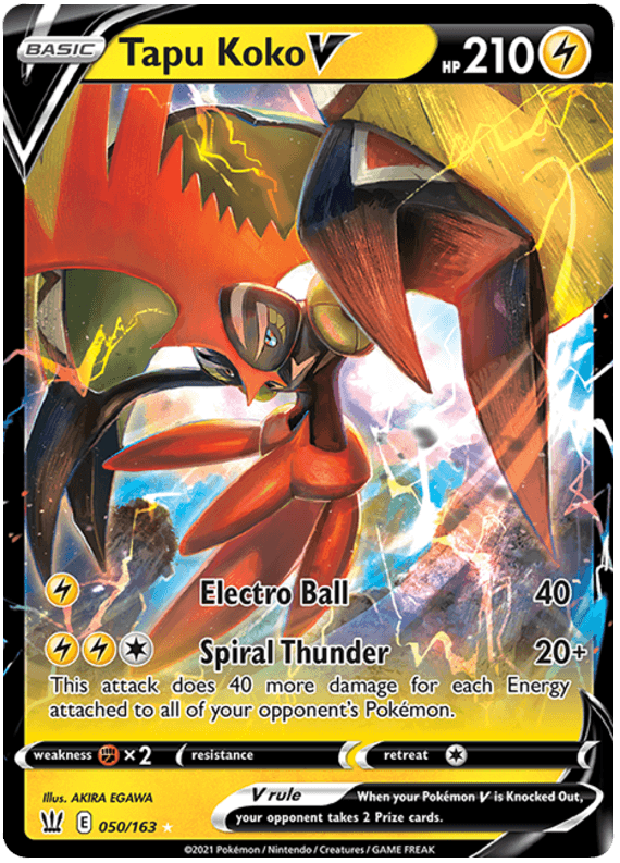 050, Fighting[×2], Holofoil, Lightning, Sword & Shield: Battle Styles, Ultra Rare Tapu Koko V (050/163) [Sword & Shield: Battle Styles] - Trading Card World