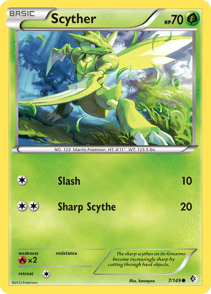 Black & White: Boundaries Crossed, Common, Fire[×2], Grass, Normal, Reverse Holofoil Scyther (7/149) [Black & White: Boundaries Crossed] - Trading Card World