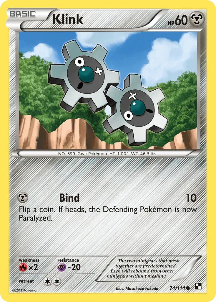 74, Black & White: Base Set, Common, Fire[×2], Metal, Normal, Psychic[-20], Reverse Holofoil Klink (74/114) [Black & White: Base Set] - Trading Card World