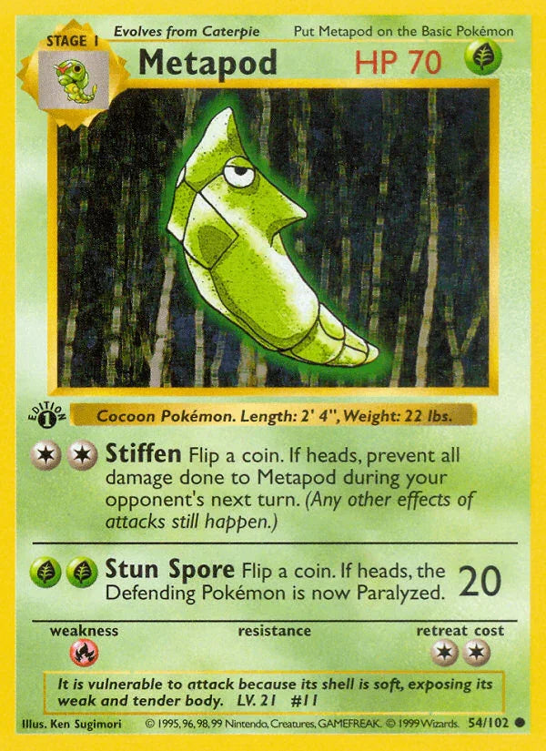 1st Edition Normal, 54, Base Set 1st Edition, Common, Fire[×2], Grass Metapod (54/102) (Shadowless) [Base Set 1st Edition] - Trading Card World