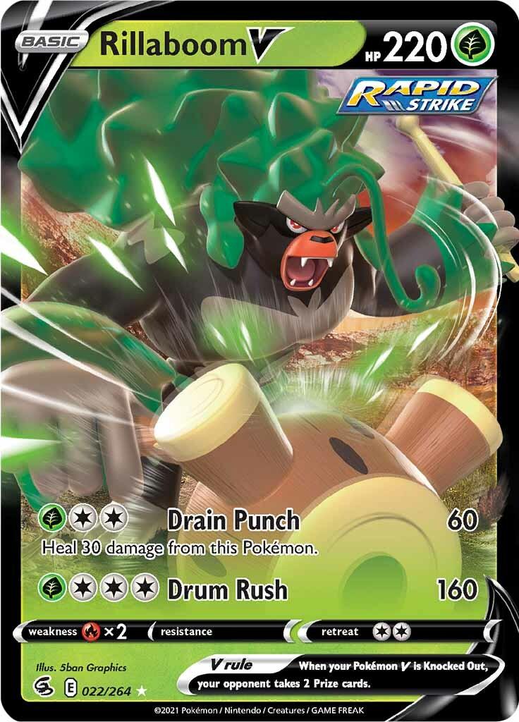 022, Fire [x2], Grass, Holofoil, Sword & Shield: Fusion Strike, Ultra Rare Rillaboom V (022/264) [Sword & Shield: Fusion Strike] - Trading Card World