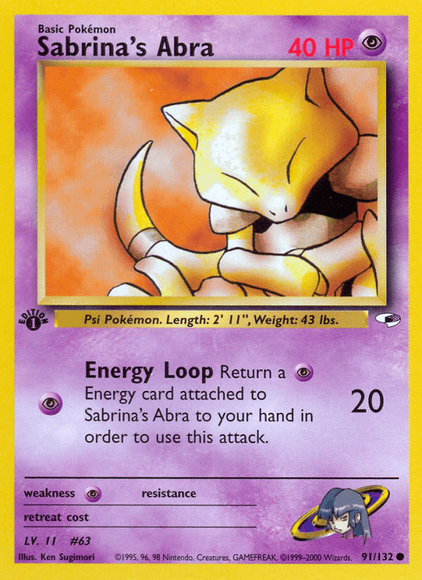 1st Edition Normal, 91, Common, Gym Heroes 1st Edition, Psychic, Psychic[×2] Sabrina's Abra (91/132) [Gym Heroes 1st Edition] - Trading Card World