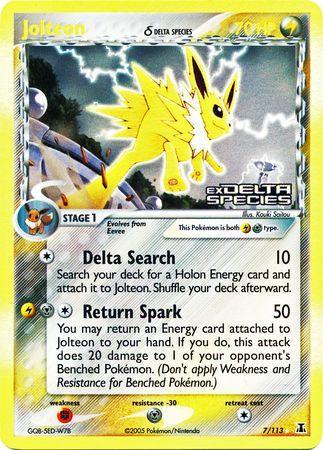 EX: Delta Species, Fighting[×2], Holo Rare, Lightning, Metal, Metal[-30], Reverse Holofoil Jolteon (7/113) (Delta Species) (Stamped) [EX: Delta Species] - Trading Card World