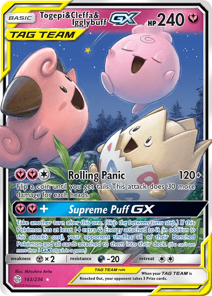 143, Darkness[-20], Fairy, Holofoil, Metal[×2], Sun & Moon: Cosmic Eclipse, Ultra Rare Togepi & Cleffa & Igglybuff GX (143/236) [Sun & Moon: Cosmic Eclipse] - Trading Card World