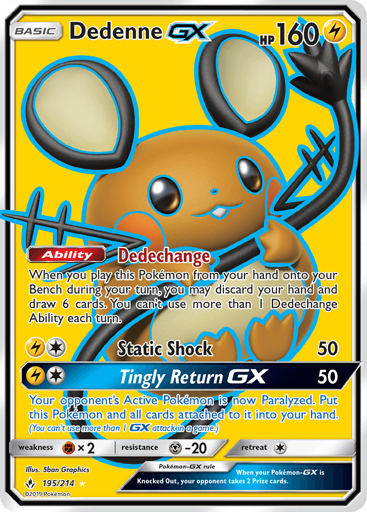 195, Fighting[×2], Holofoil, Lightning, Metal[-20], Sun & Moon: Unbroken Bonds, Ultra Rare Dedenne GX (195/214) [Sun & Moon: Unbroken Bonds] - Trading Card World