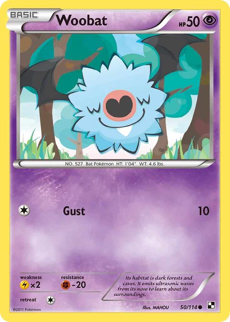 50, Black & White: Base Set, Common, Fighting[-20], Lightning[×2], Normal, Psychic, Reverse Holofoil Woobat (50/114) [Black & White: Base Set] - Trading Card World