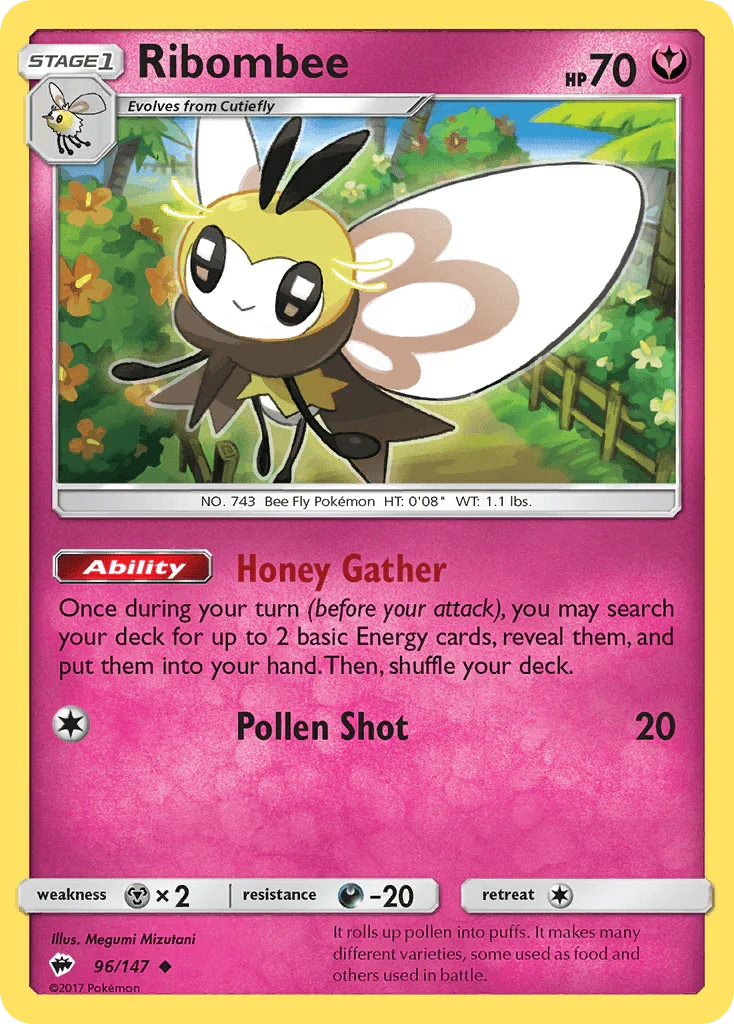 96, Darkness[-20], Fairy, Metal[×2], Normal, Reverse Holofoil, Sun & Moon: Burning Shadows, Uncommon Ribombee (96/147) [Sun & Moon: Burning Shadows] - Trading Card World