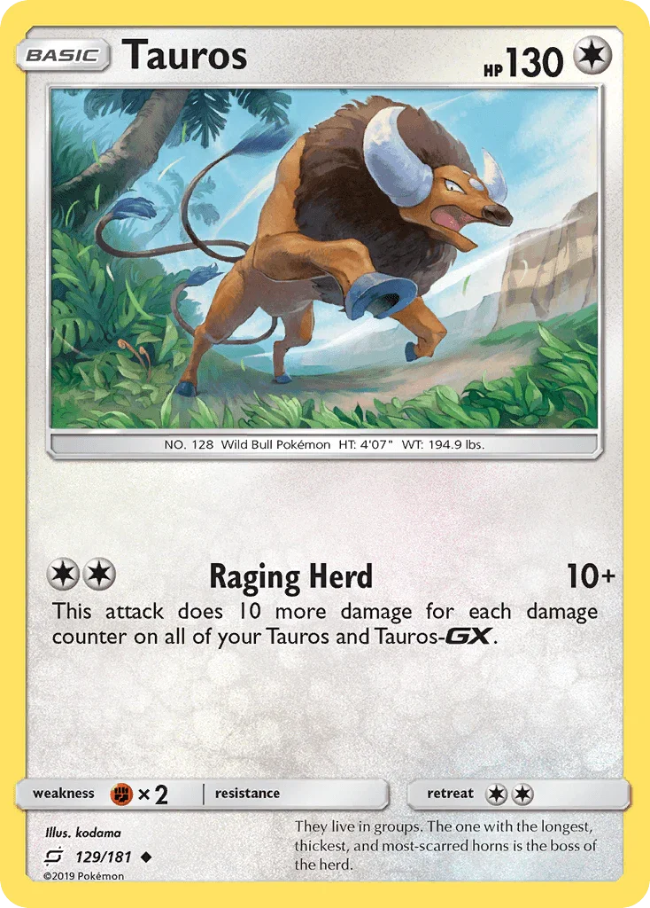 129, Colorless, Fighting[×2], Normal, Reverse Holofoil, Sun & Moon: Team Up, Uncommon Tauros (129/181) [Sun & Moon: Team Up] - Trading Card World