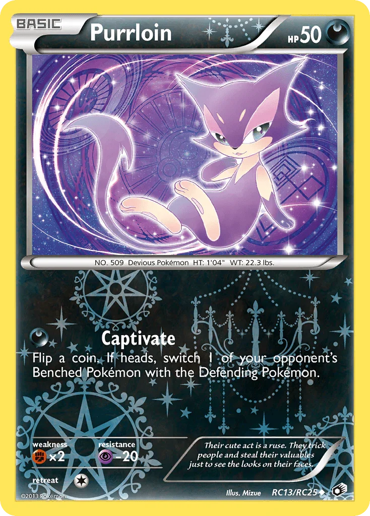 Black & White: Legendary Treasures, Darkness, Fighting[×2], Holofoil, Psychic[-20], RC13, Uncommon Purrloin (RC13/RC25) [Black & White: Legendary Treasures] - Trading Card World