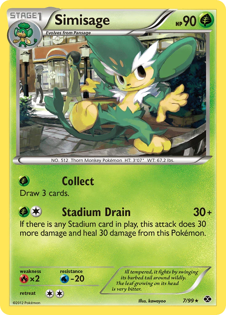 Black & White: Next Destinies, Fire[×2], Grass, Normal, Rare, Reverse Holofoil, Water[-20] Simisage (7/99) [Black & White: Next Destinies] - Trading Card World