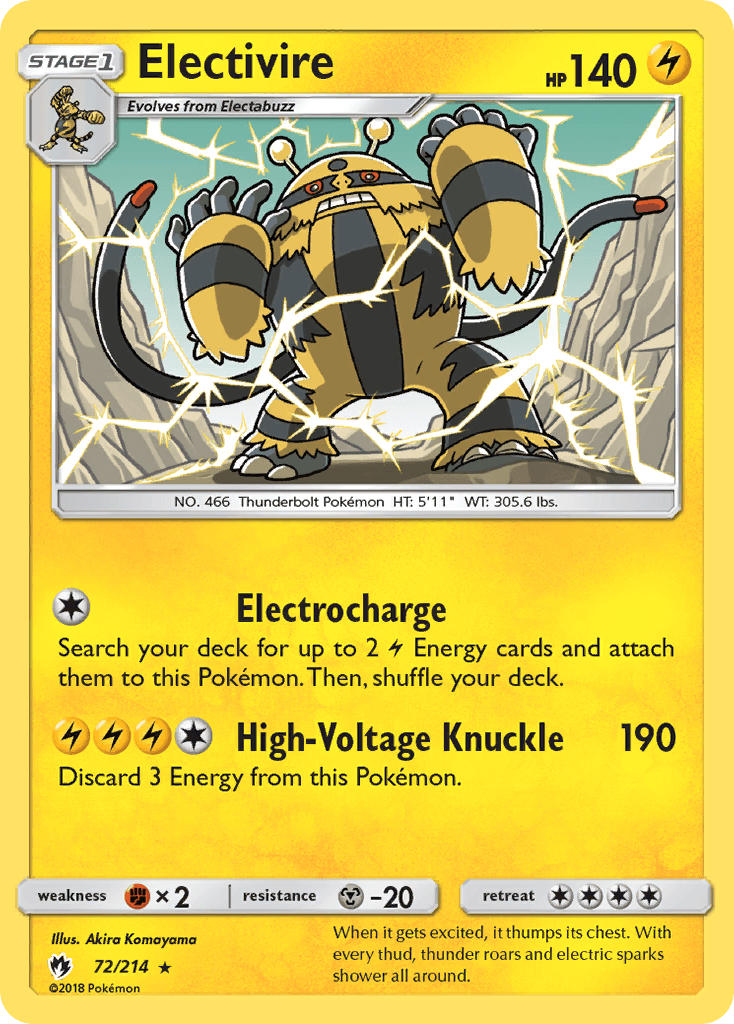 72, Fighting[×2], Lightning, Metal[-20], Normal, Rare, Reverse Holofoil, Sun & Moon: Lost Thunder Electivire (72/214) [Sun & Moon: Lost Thunder] - Trading Card World