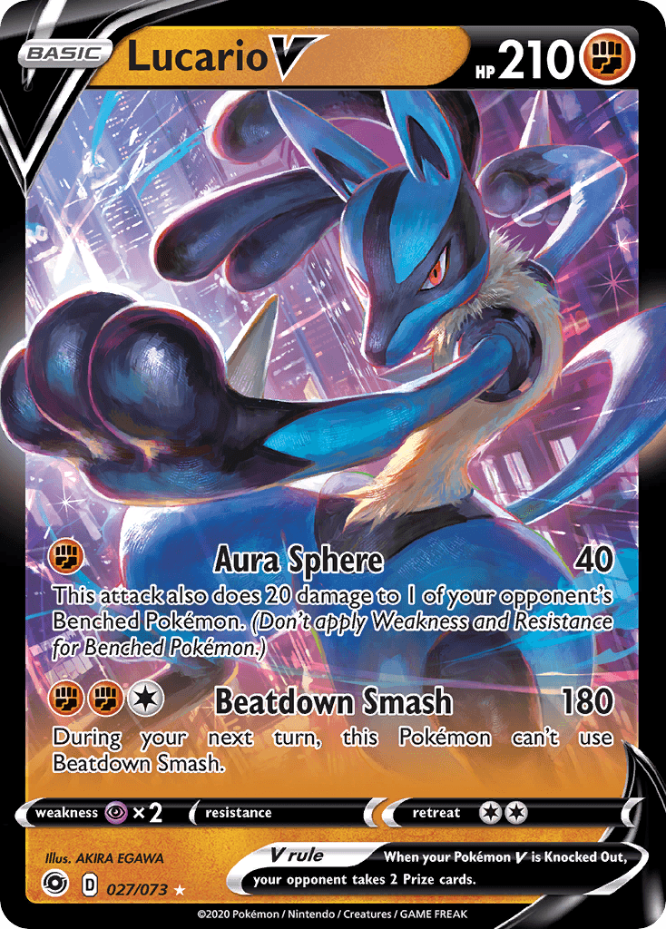 027, Fighting, Normal, Psychic [x2], Rare, Sword & Shield: Champion's Path Lucario V (027/073) (Intro Deck) [Sword & Shield: Champion's Path] - Trading Card World