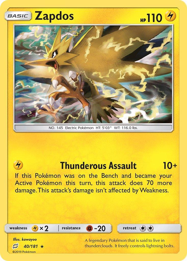 40, Fighting[-20], Lightning, Lightning[×2], Normal, Rare, Sun & Moon: Team Up Zapdos (40/181) (Theme Deck Exclusive) [Sun & Moon: Team Up] - Trading Card World