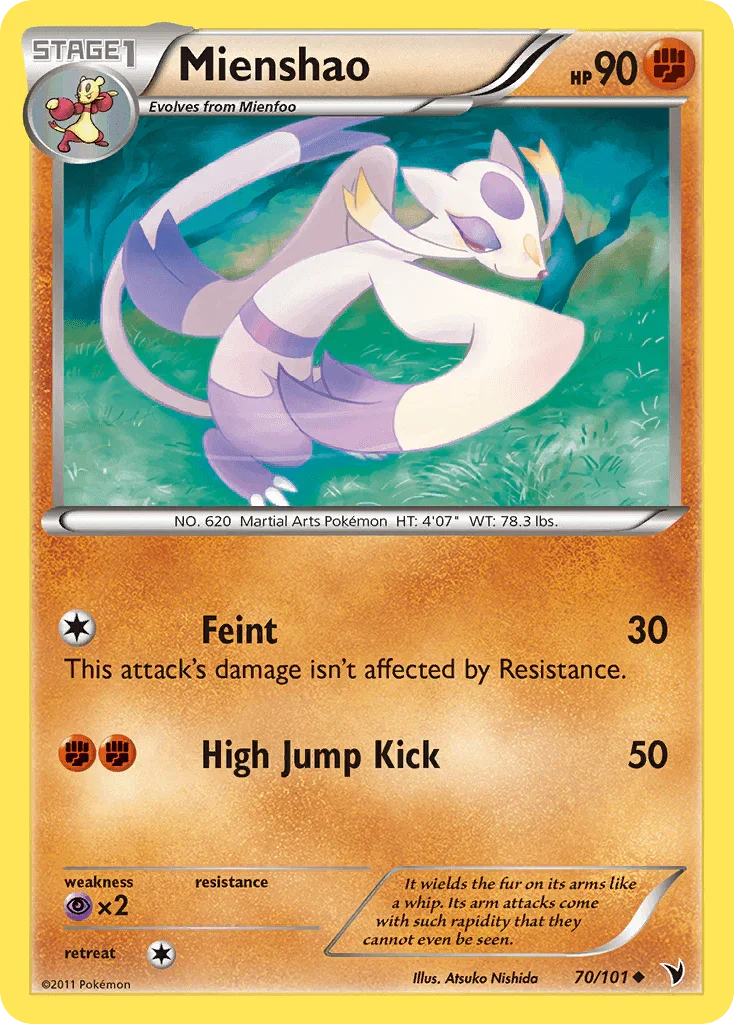 70, Black & White: Noble Victories, Fighting, Normal, Psychic[×2], Reverse Holofoil, Uncommon Mienshao (70/101) [Black & White: Noble Victories] - Trading Card World