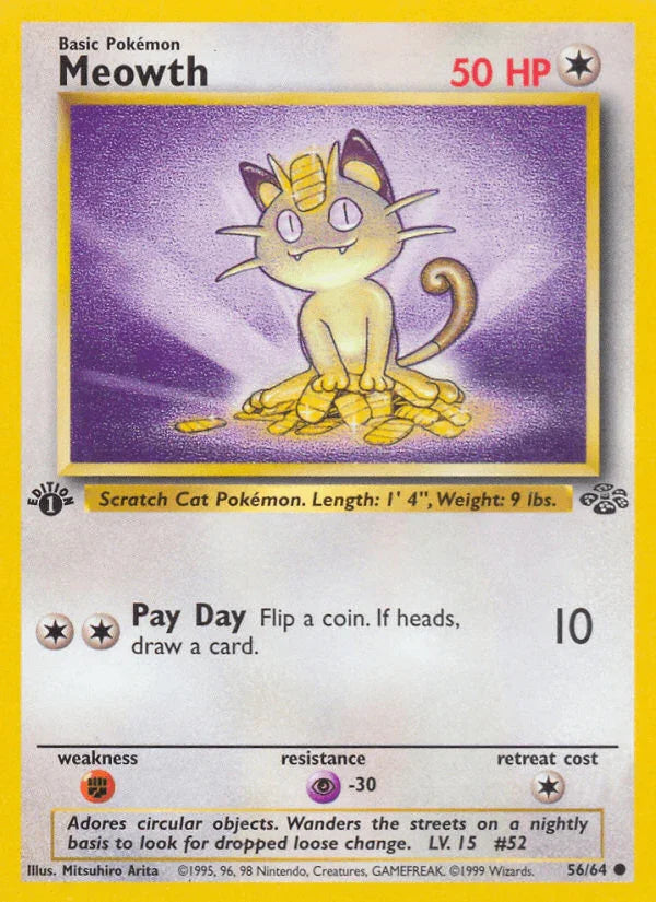1st Edition Normal, 56, Colorless, Common, Fighting[×2], Jungle 1st Edition, Psychic[-30] Meowth (56/64) [Jungle 1st Edition] - Trading Card World