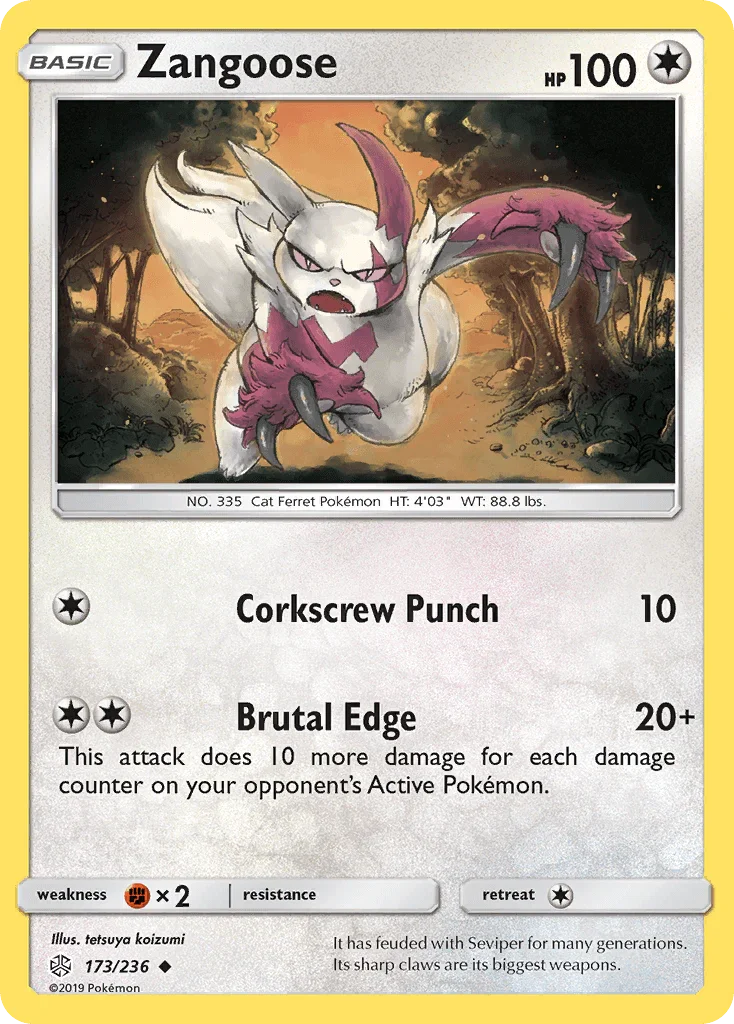 173, Colorless, Fighting[×2], Normal, Reverse Holofoil, Sun & Moon: Cosmic Eclipse, Uncommon Zangoose (173/236) [Sun & Moon: Cosmic Eclipse] - Trading Card World