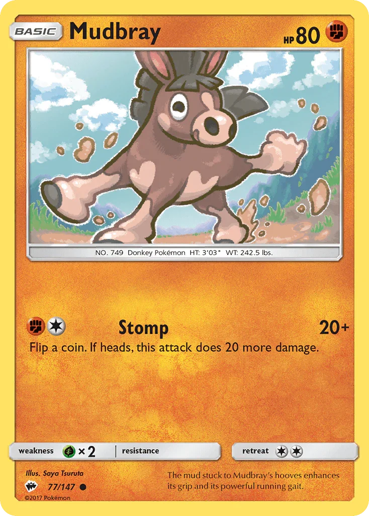 77, Common, Fighting, Grass[×2], Normal, Reverse Holofoil, Sun & Moon: Burning Shadows Mudbray (77/147) [Sun & Moon: Burning Shadows] - Trading Card World