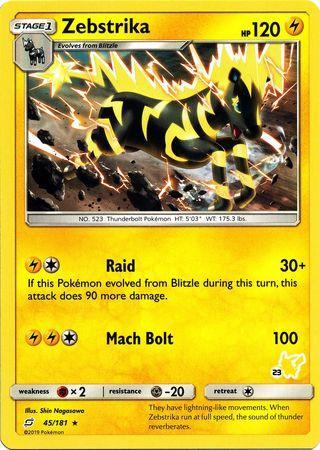 45, Battle Academy 2020, Fighting[×2], Lightning, Metal[-20], Normal, Promo Zebstrika (45/181) (Pikachu Stamp #23) [Battle Academy 2020] - Trading Card World
