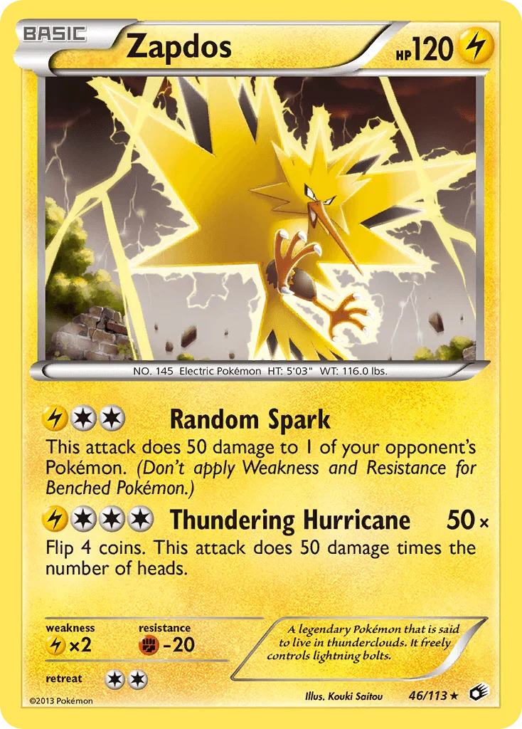 46, Black & White: Legendary Treasures, Fighting[-20], Holo Rare, Holofoil, Lightning, Lightning[×2], Reverse Holofoil Zapdos (46/113) [Black & White: Legendary Treasures] - Trading Card World
