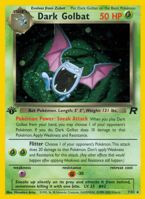 1st Edition Holofoil, Fighting[-30], Grass, Holo Rare, Psychic[×2], Team Rocket 1st Edition Dark Golbat (7/82) [Team Rocket 1st Edition] - Trading Card World