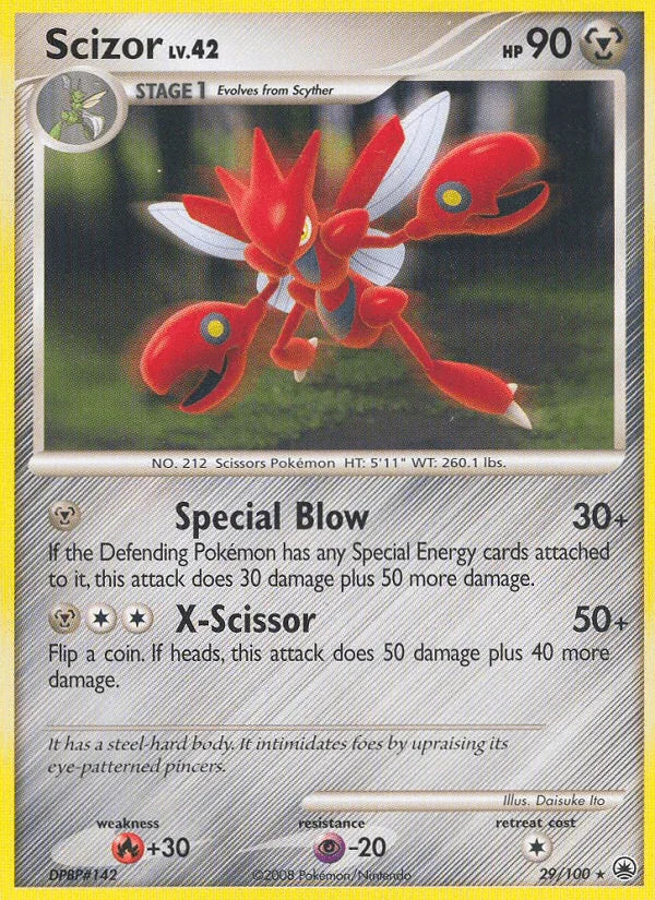 29, Diamond & Pearl: Majestic Dawn, Fire[+30], Metal, Normal, Psychic[-20], Rare, Reverse Holofoil Scizor (29/100) [Diamond & Pearl: Majestic Dawn] - Trading Card World