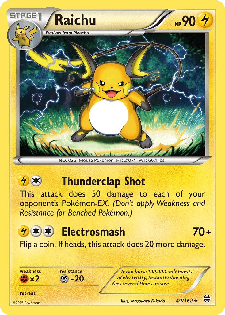 49, Fighting[×2], Lightning, Metal[-20], Normal, Rare, Reverse Holofoil, XY: BREAKthrough Raichu (49/162) [XY: BREAKthrough] - Trading Card World