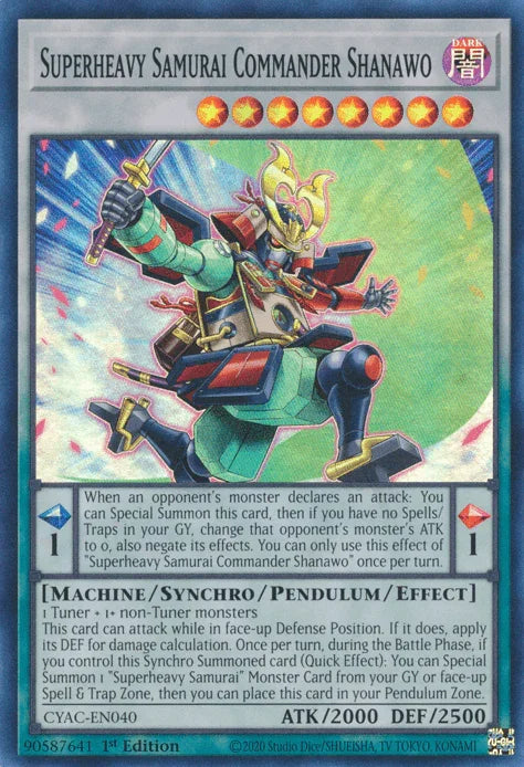 1st Edition, Cyberstorm Access, Dark, Machine, Super Rare, Synchro/Pendulum/Effect Monster Superheavy Samurai Commander Shanawo [CYAC-EN040] Super Rare - Trading Card World