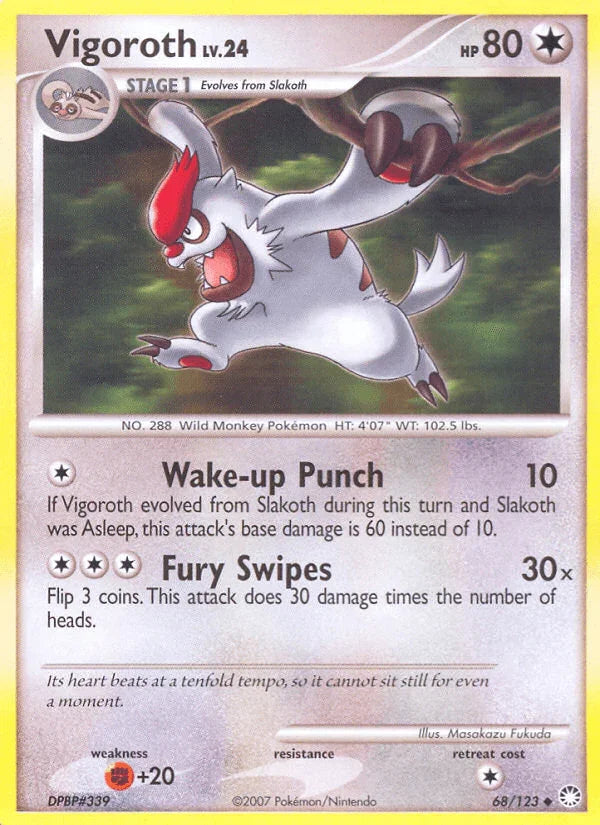 68, Colorless, Diamond & Pearl: Mysterious Treasures, Fighting[+20], Normal, Reverse Holofoil, Uncommon Vigoroth (68/123) [Diamond & Pearl: Mysterious Treasures] - Trading Card World