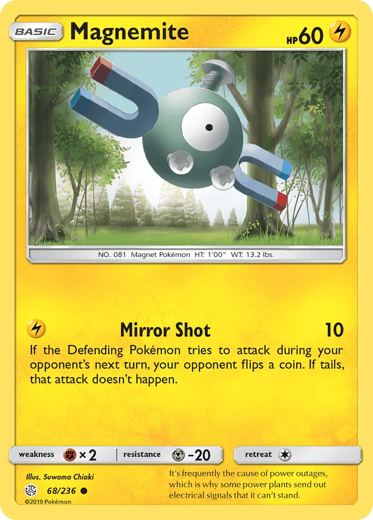 68, Common, Fighting[×2], Lightning, Metal[-20], Normal, Reverse Holofoil, Sun & Moon: Cosmic Eclipse Magnemite (68/236) [Sun & Moon: Cosmic Eclipse] - Trading Card World