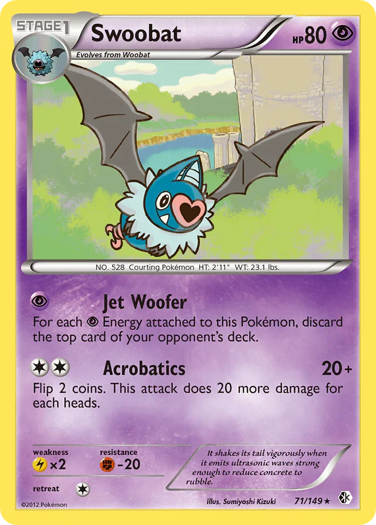 71, Black & White: Boundaries Crossed, Fighting[-20], Lightning[×2], Normal, Psychic, Rare, Reverse Holofoil Swoobat (71/149) [Black & White: Boundaries Crossed] - Trading Card World