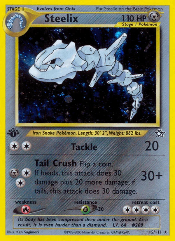 15, 1st Edition Holofoil, Fire[×2], Grass[-30], Holo Rare, Metal, Neo Genesis 1st Edition Steelix (15/111) [Neo Genesis 1st Edition] - Trading Card World