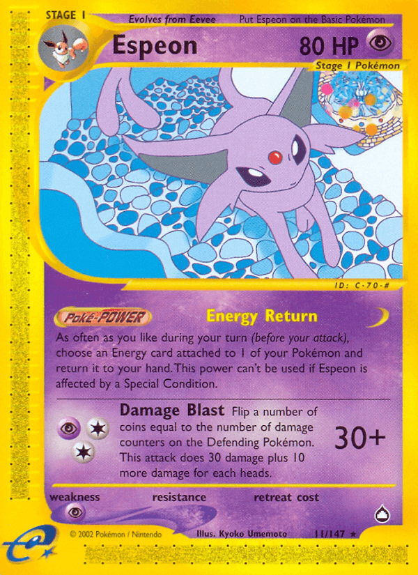 11, Aquapolis, Normal, Psychic, Psychic[×2], Rare, Reverse Holofoil Espeon (11/147) [Aquapolis] - Trading Card World
