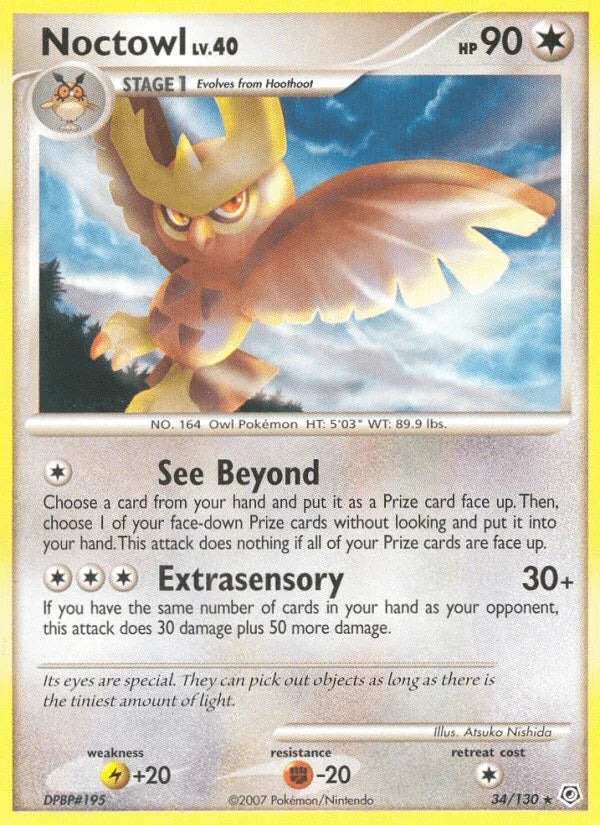 34, Colorless, Diamond & Pearl: Base Set, Fighting[-20], Lightning[+20], Normal, Rare, Reverse Holofoil Noctowl (34/130) [Diamond & Pearl: Base Set] - Trading Card World