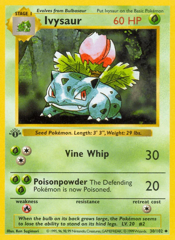 1st Edition Normal, 30, Base Set 1st Edition, Fire[×2], Grass, Uncommon Ivysaur (30/102) (Shadowless) [Base Set 1st Edition] - Trading Card World